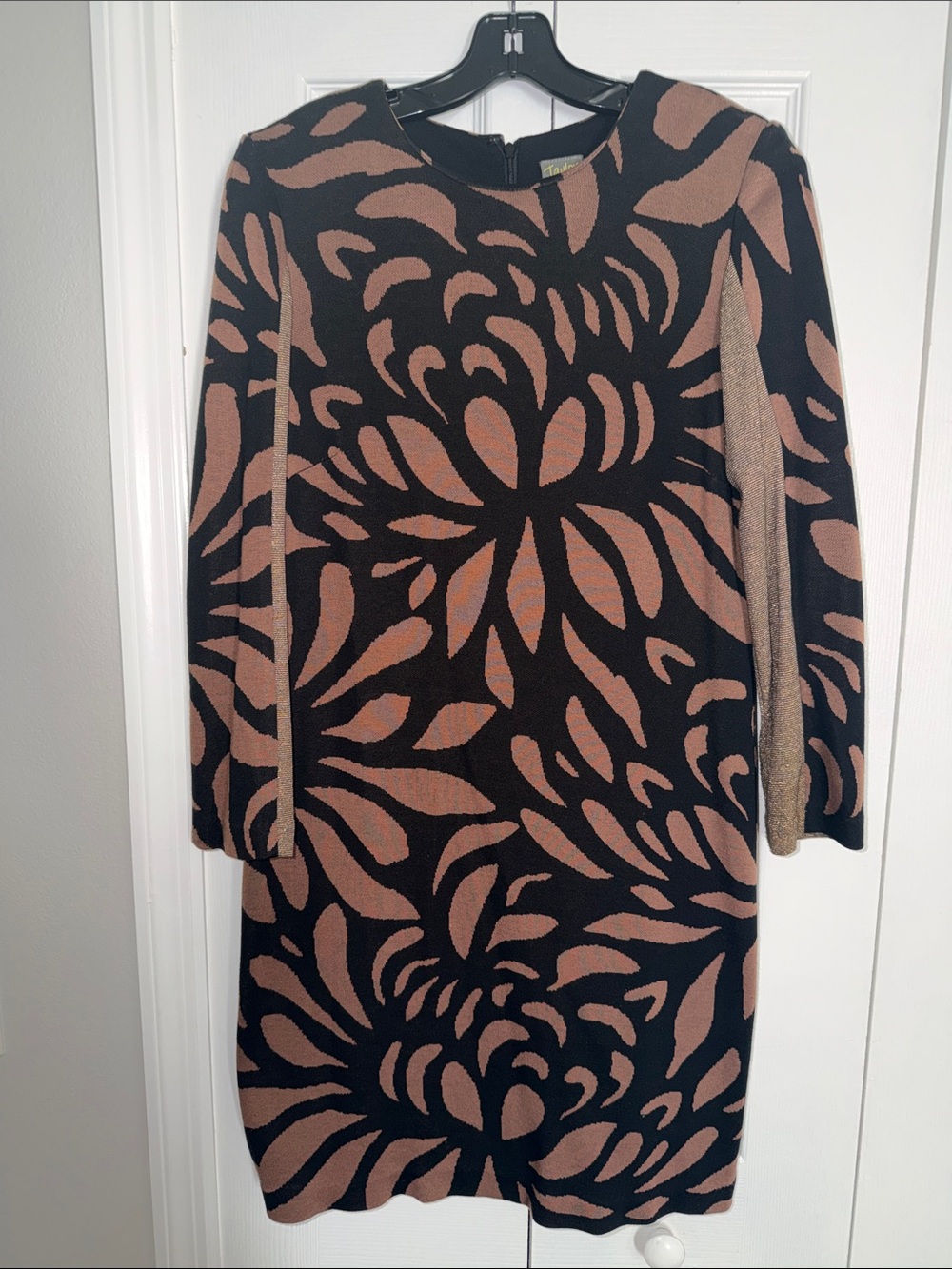 Taylor Black and Brown Floral-Pattern Long Sleeve Dress